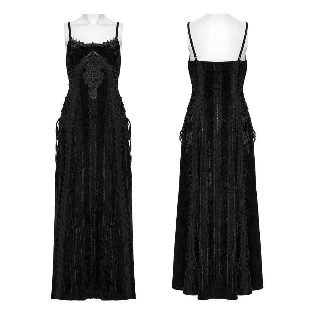 PUNK RAVE Women's Gothic Lace-up Floral Embroidered Velvet Slip Dress Black