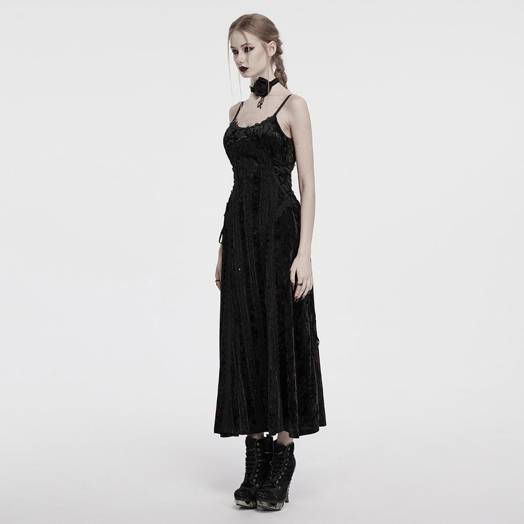 PUNK RAVE Women's Gothic Lace-up Floral Embroidered Velvet Slip Dress Black