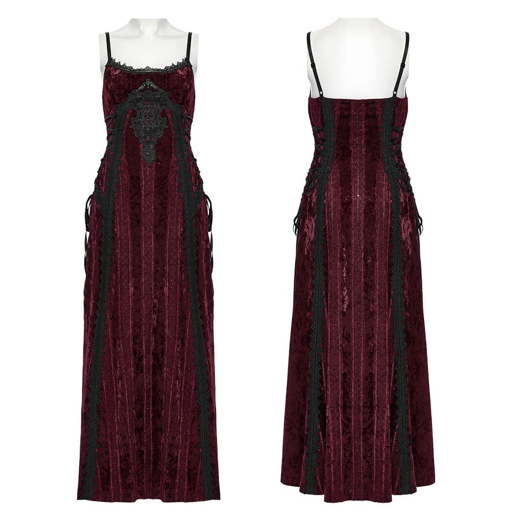 PUNK RAVE Women's Gothic Lace-up Floral Embroidered Velvet Slip Dress Red