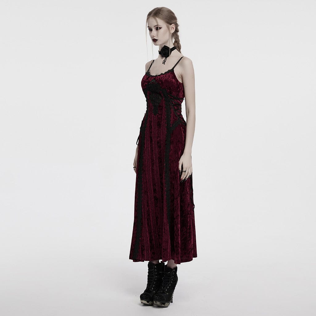 PUNK RAVE Women's Gothic Lace-up Floral Embroidered Velvet Slip Dress Red
