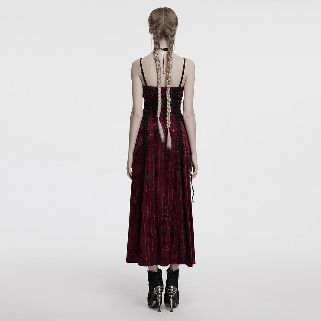 PUNK RAVE Women's Gothic Lace-up Floral Embroidered Velvet Slip Dress Red