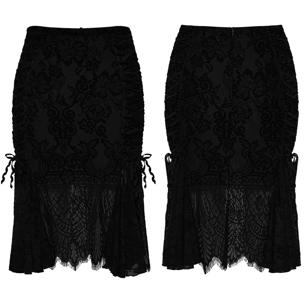 PUNK RAVE Women's Gothic Lace-up Floral Midi Skirt