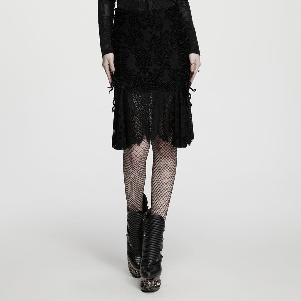 PUNK RAVE Women's Gothic Lace-up Floral Midi Skirt