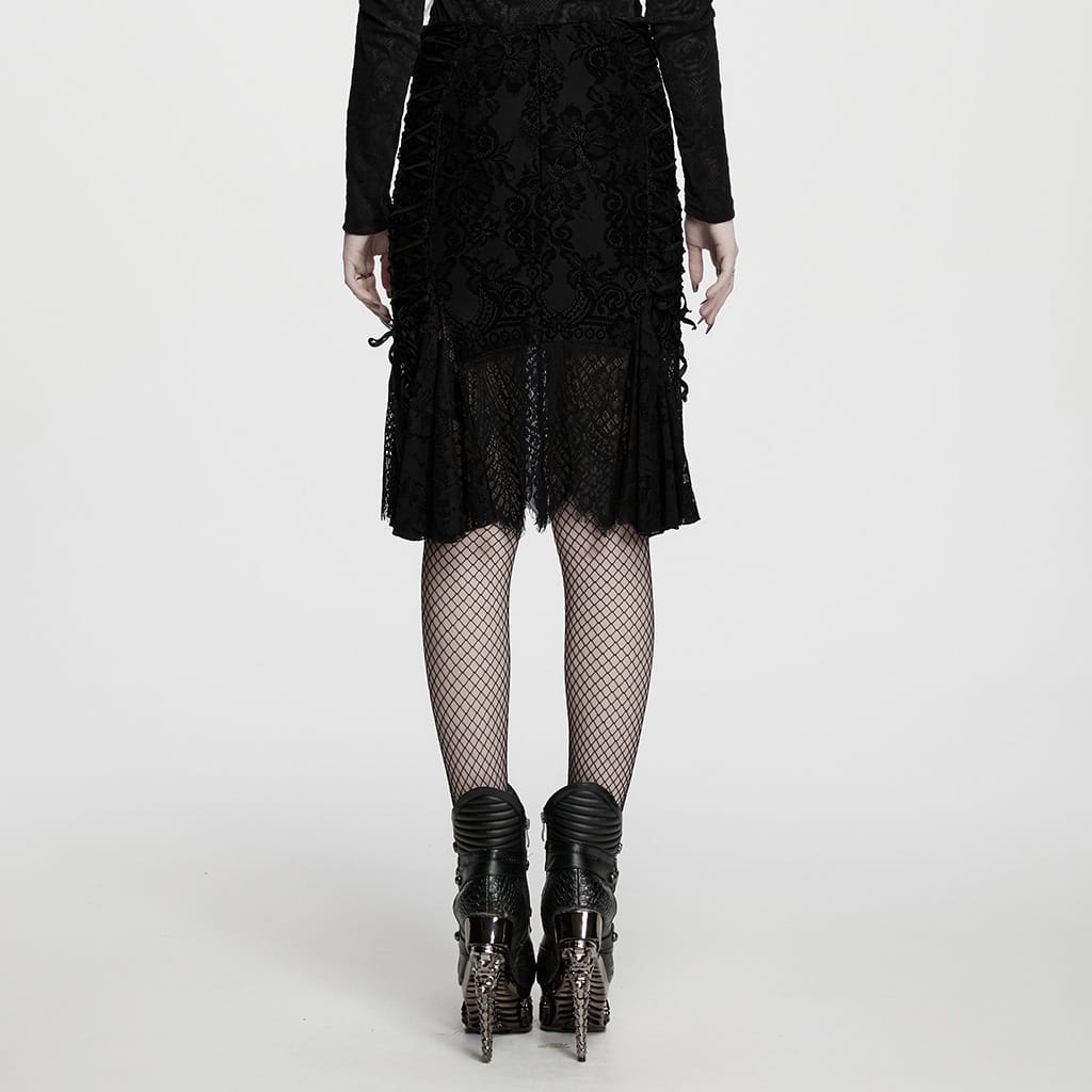 PUNK RAVE Women's Gothic Lace-up Floral Midi Skirt