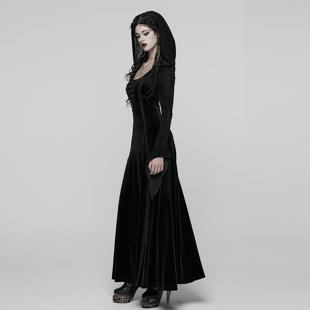 PUNK RAVE Women's Gothic Lace-up Pleated Flared Sleeved Hooded Dress Black