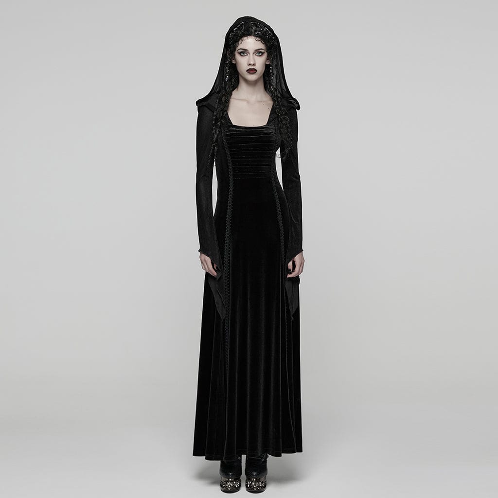 PUNK RAVE Women's Gothic Lace-up Pleated Flared Sleeved Hooded Dress Black
