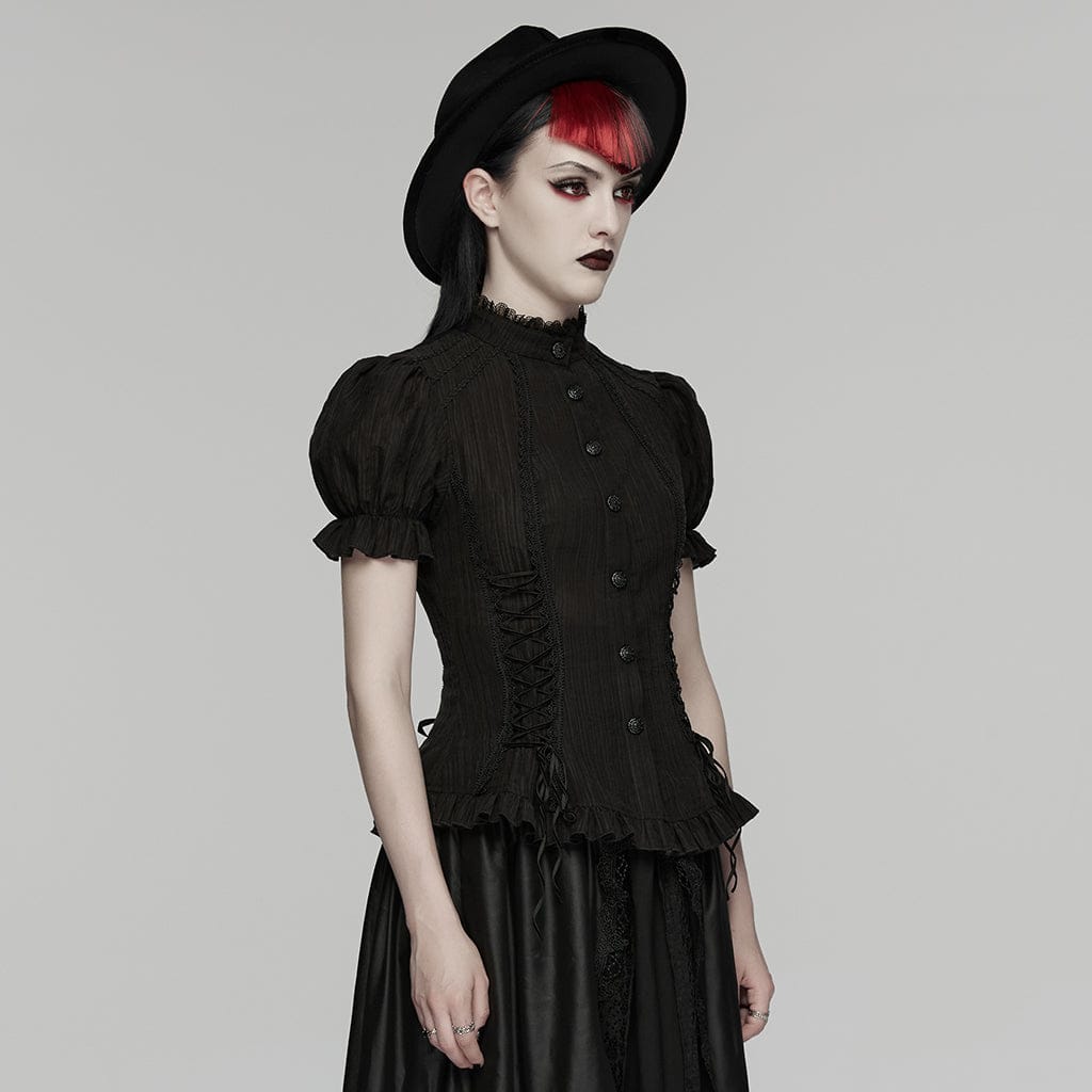 PUNK RAVE Women's Gothic Lace-up Puff Short Sleeved Shirt Black