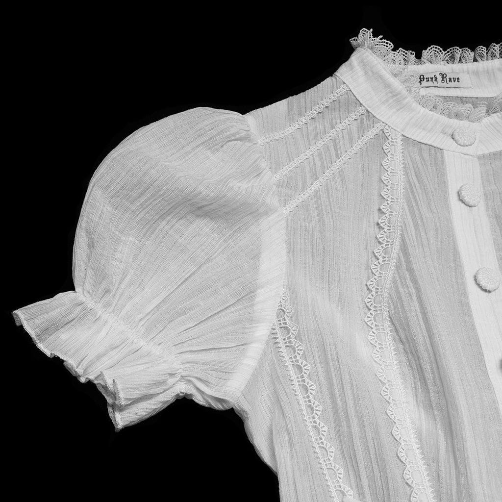 PUNK RAVE Women's Gothic Lace-up Puff Short Sleeved Shirt White