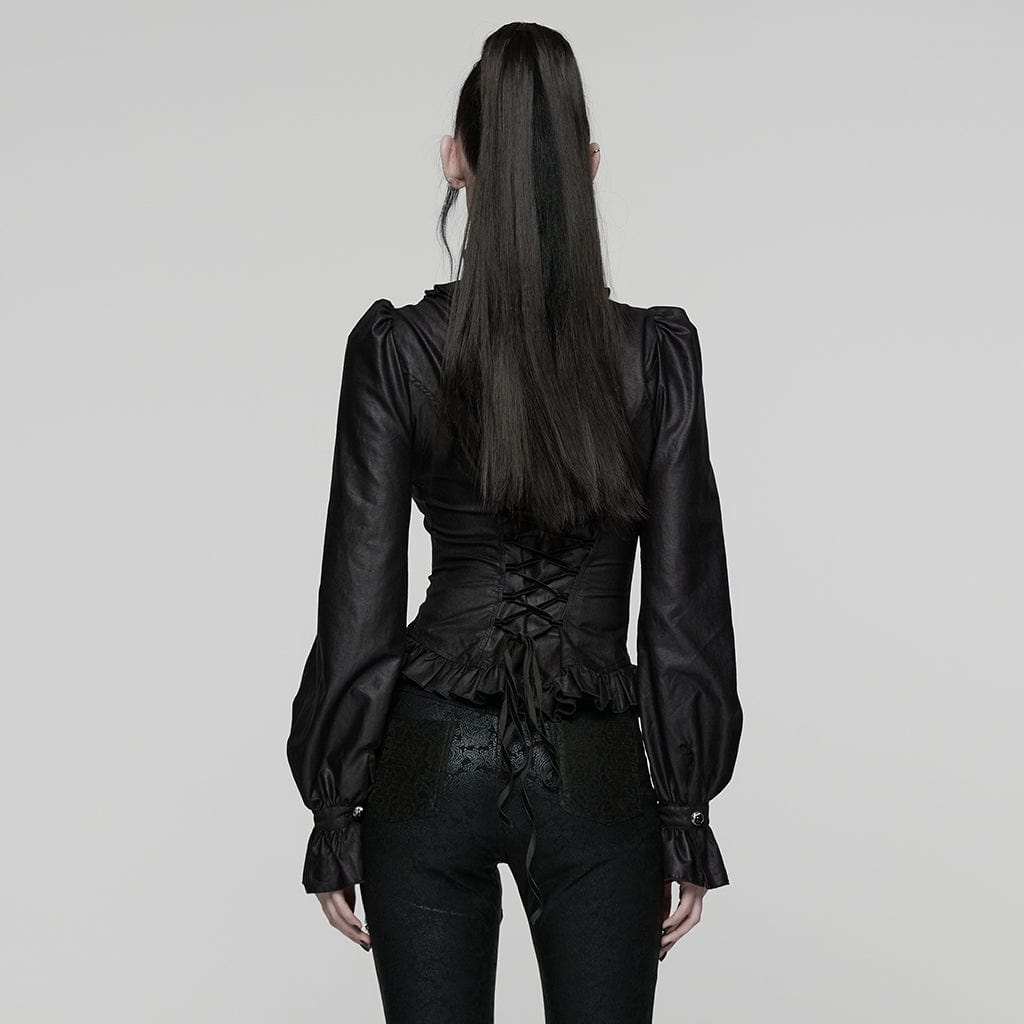 PUNK RAVE Women's Gothic Lace-up Puff Sleeved Ruffle Shirt