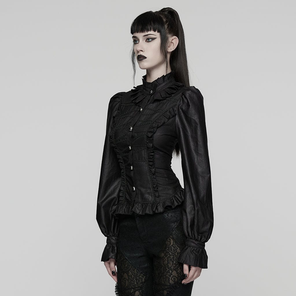 PUNK RAVE Women's Gothic Lace-up Puff Sleeved Ruffle Shirt