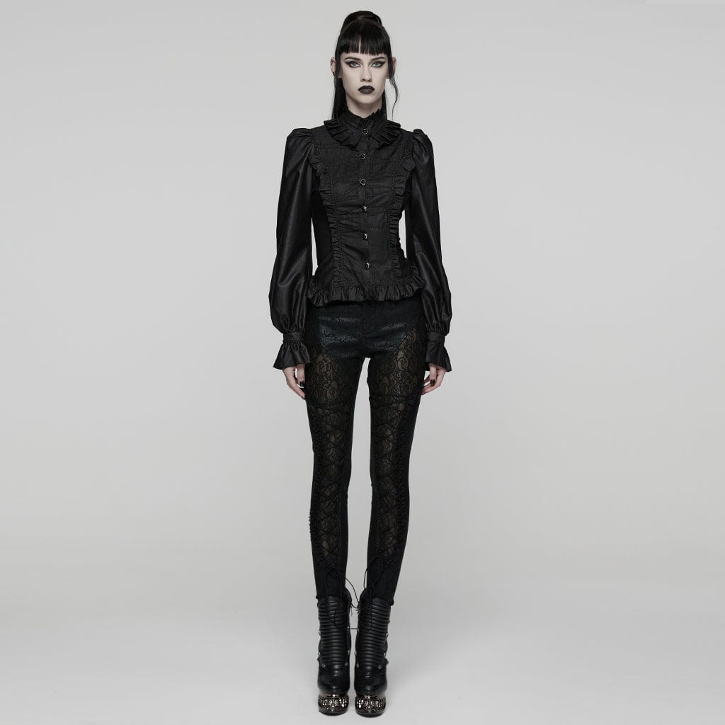 PUNK RAVE Women's Gothic Lace-up Puff Sleeved Ruffle Shirt