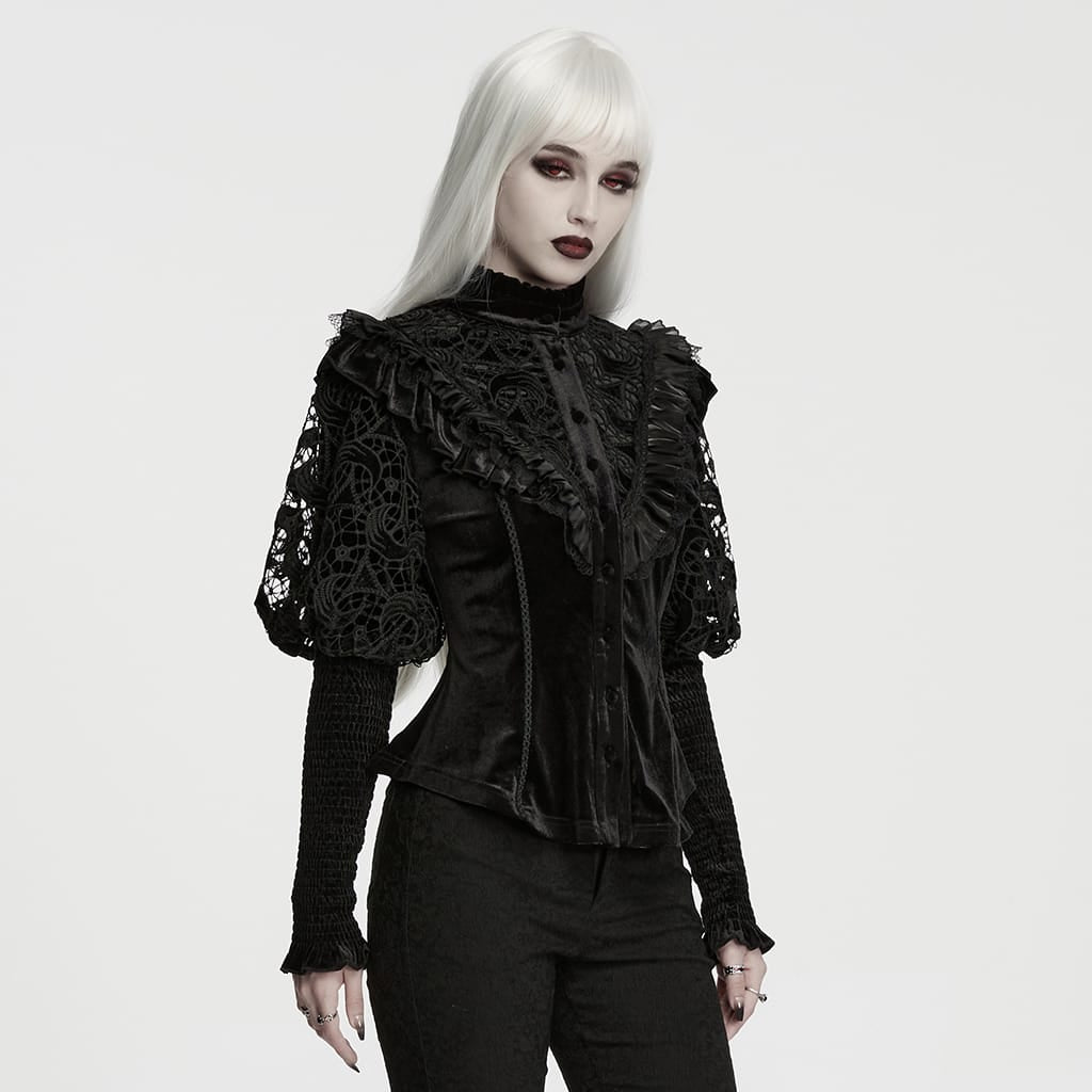 PUNK RAVE Women's Gothic Lace-up Ruffle Trim Long Sleeve Shirt
