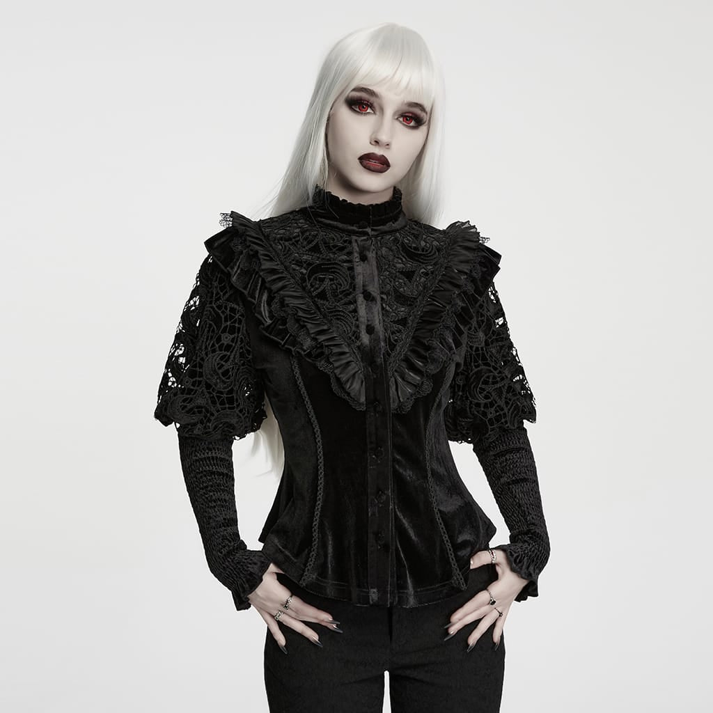 PUNK RAVE Women's Gothic Lace-up Ruffle Trim Long Sleeve Shirt