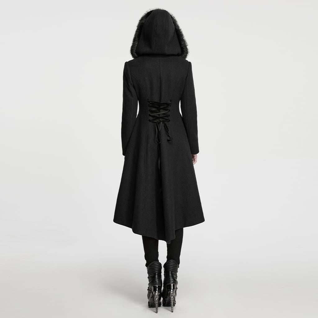 PUNK RAVE Women's Gothic Lace-up Single-breasted Hooded Coat Black