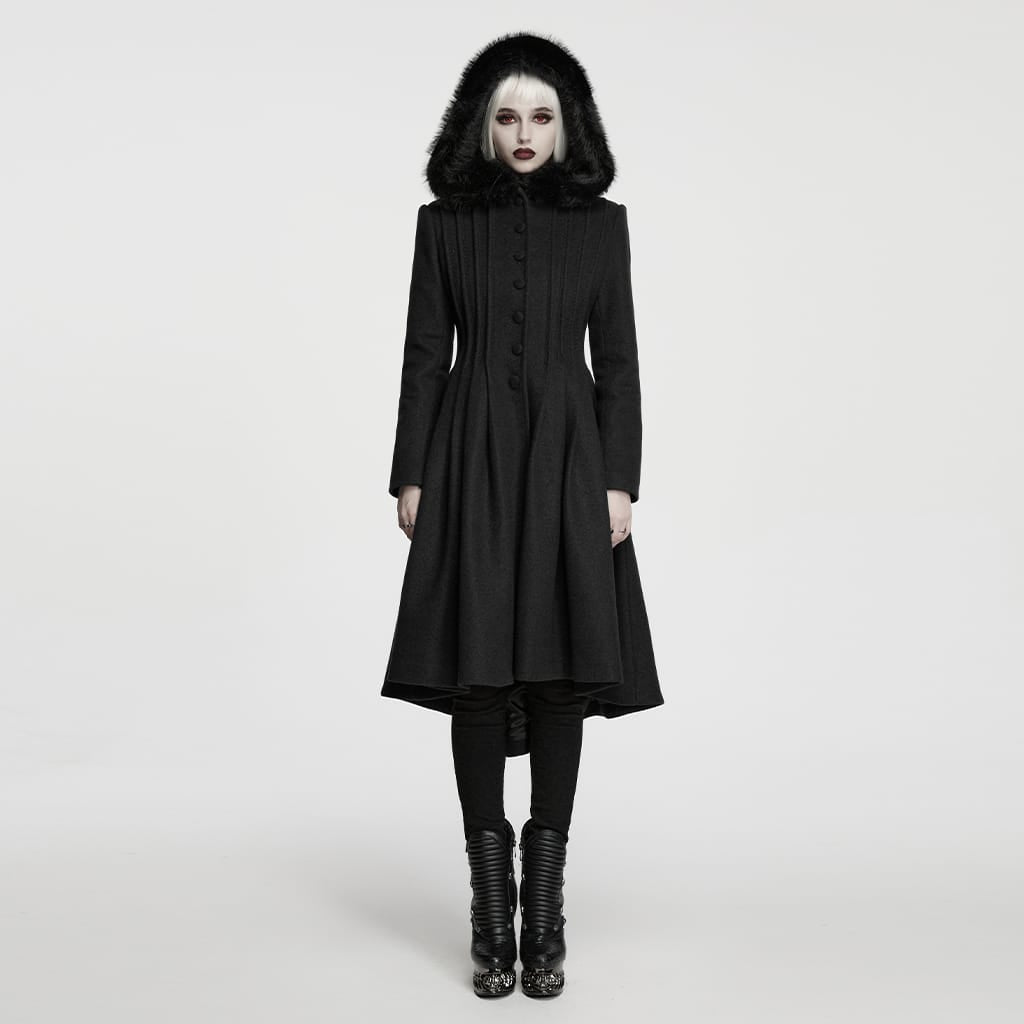 PUNK RAVE Women's Gothic Lace-up Single-breasted Hooded Coat Black