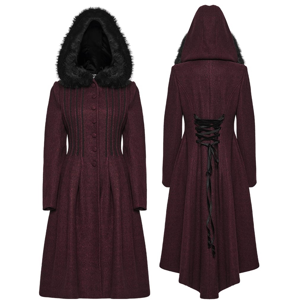PUNK RAVE Women's Gothic Lace-up Single-breasted Hooded Coat Red