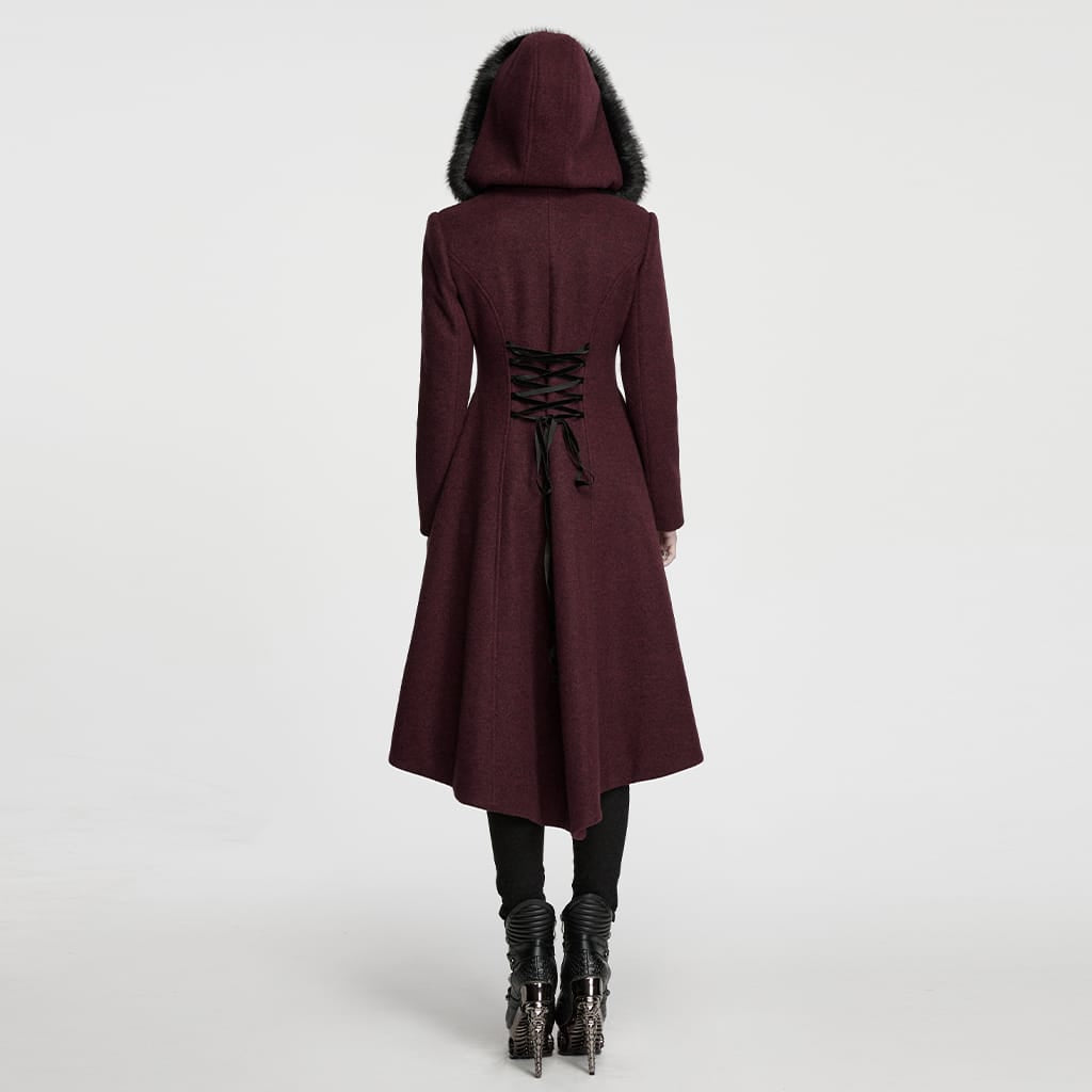 PUNK RAVE Women's Gothic Lace-up Single-breasted Hooded Coat Red