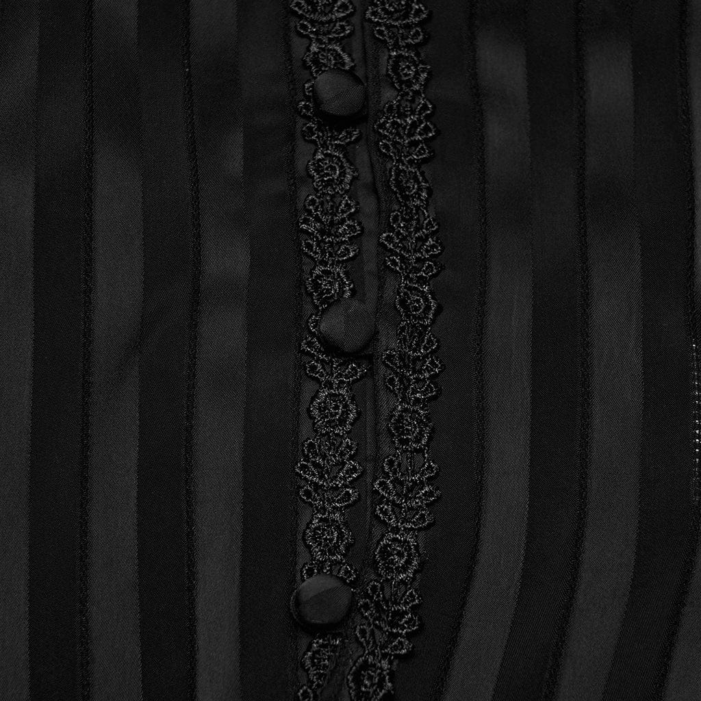 PUNK RAVE Women's Gothic Lace-up Striped Plunging Short Sleeved Shirt Black