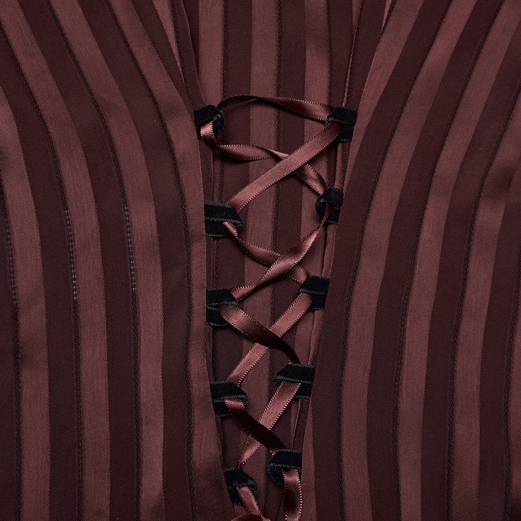 PUNK RAVE Women's Gothic Lace-up Striped Plunging Short Sleeved Shirt Red