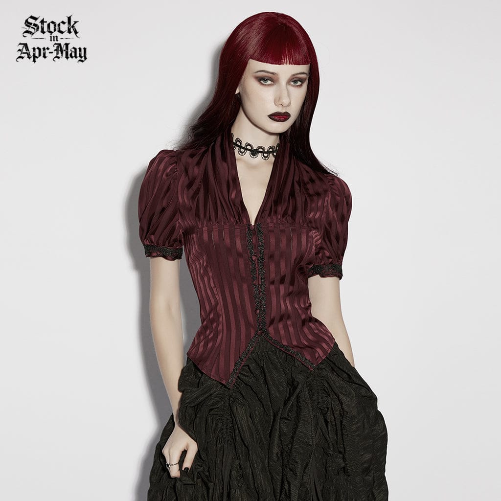 PUNK RAVE Women's Gothic Lace-up Striped Plunging Short Sleeved Shirt Red