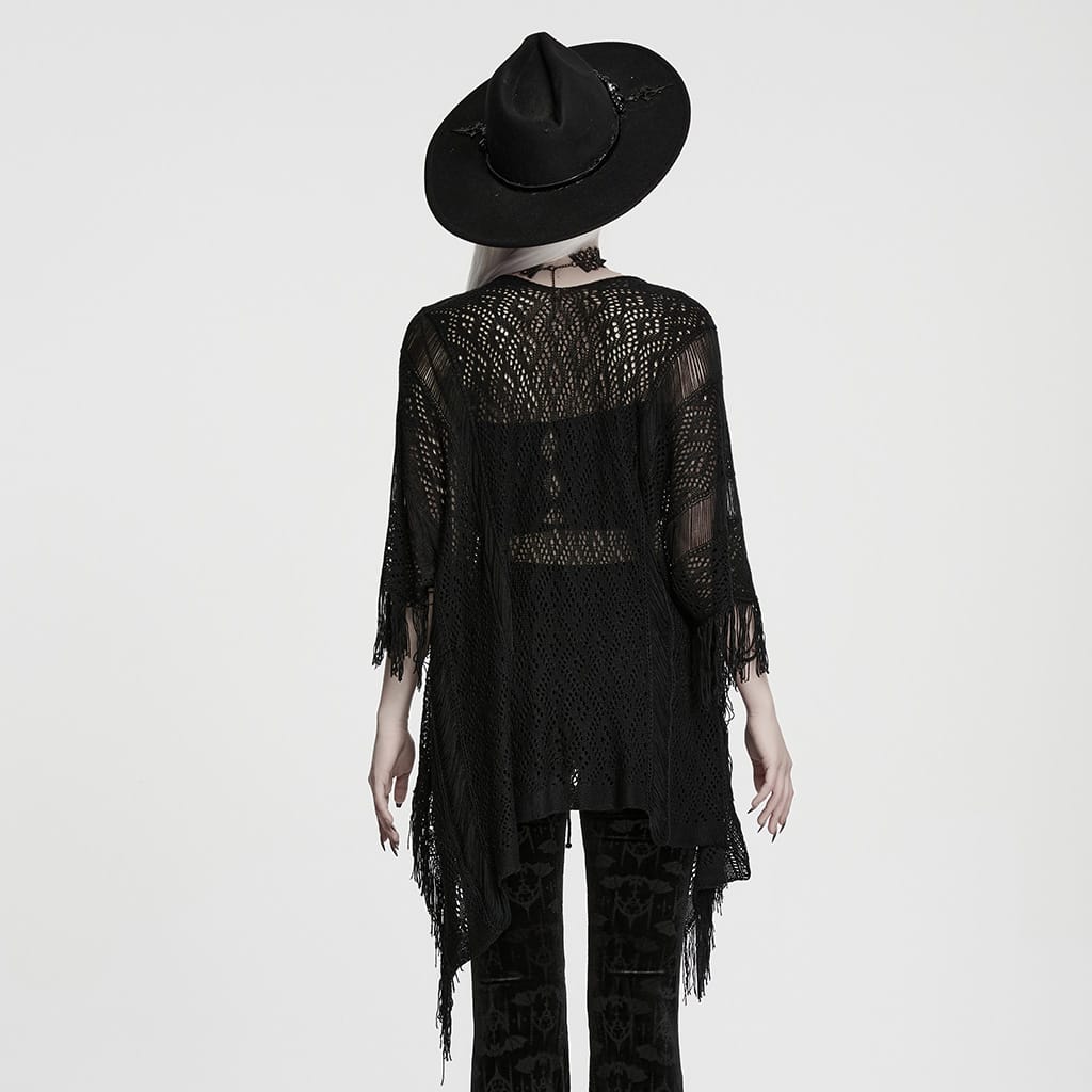PUNK RAVE Women's Gothic Lace-up Tassel Sweater
