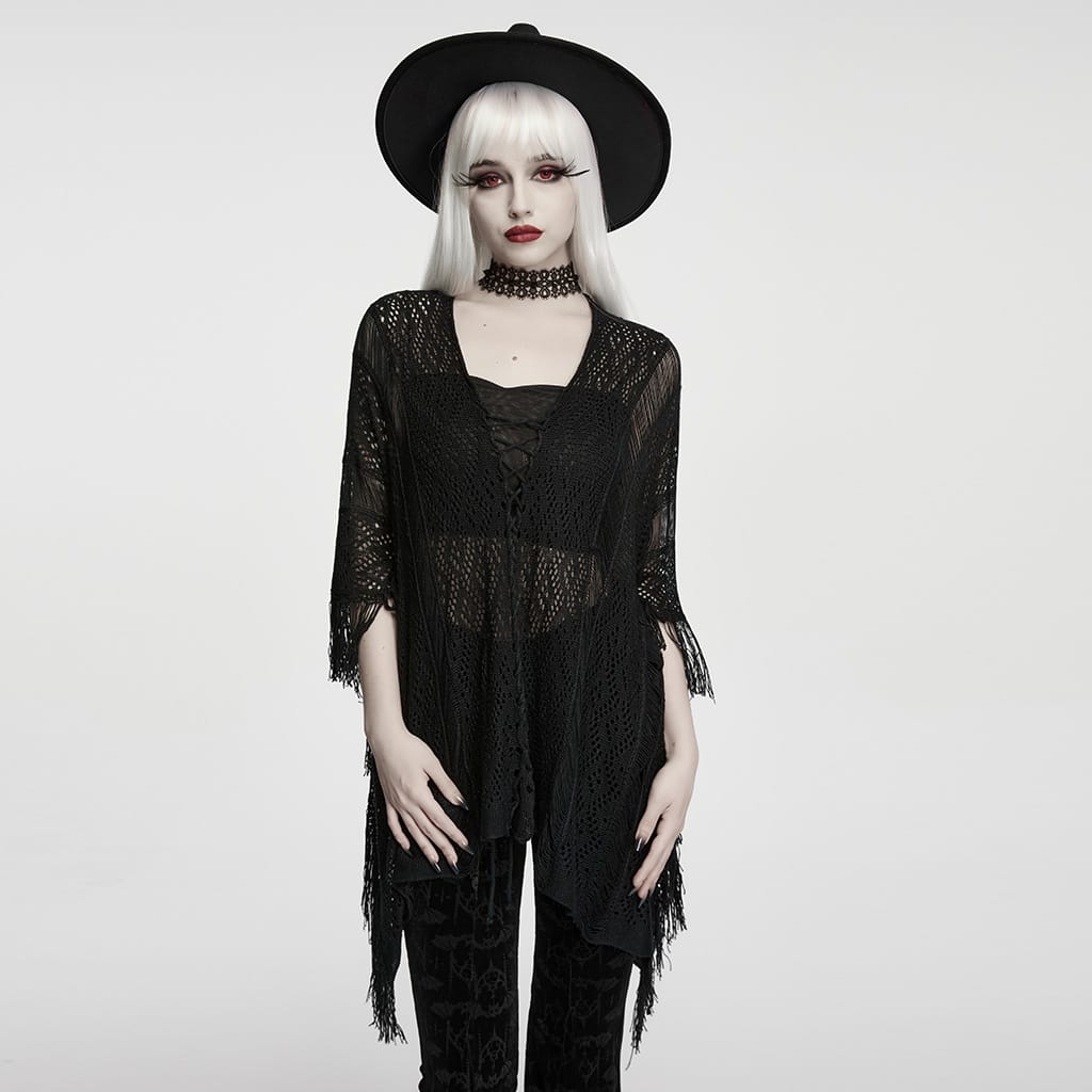 PUNK RAVE Women's Gothic Lace-up Tassel Sweater
