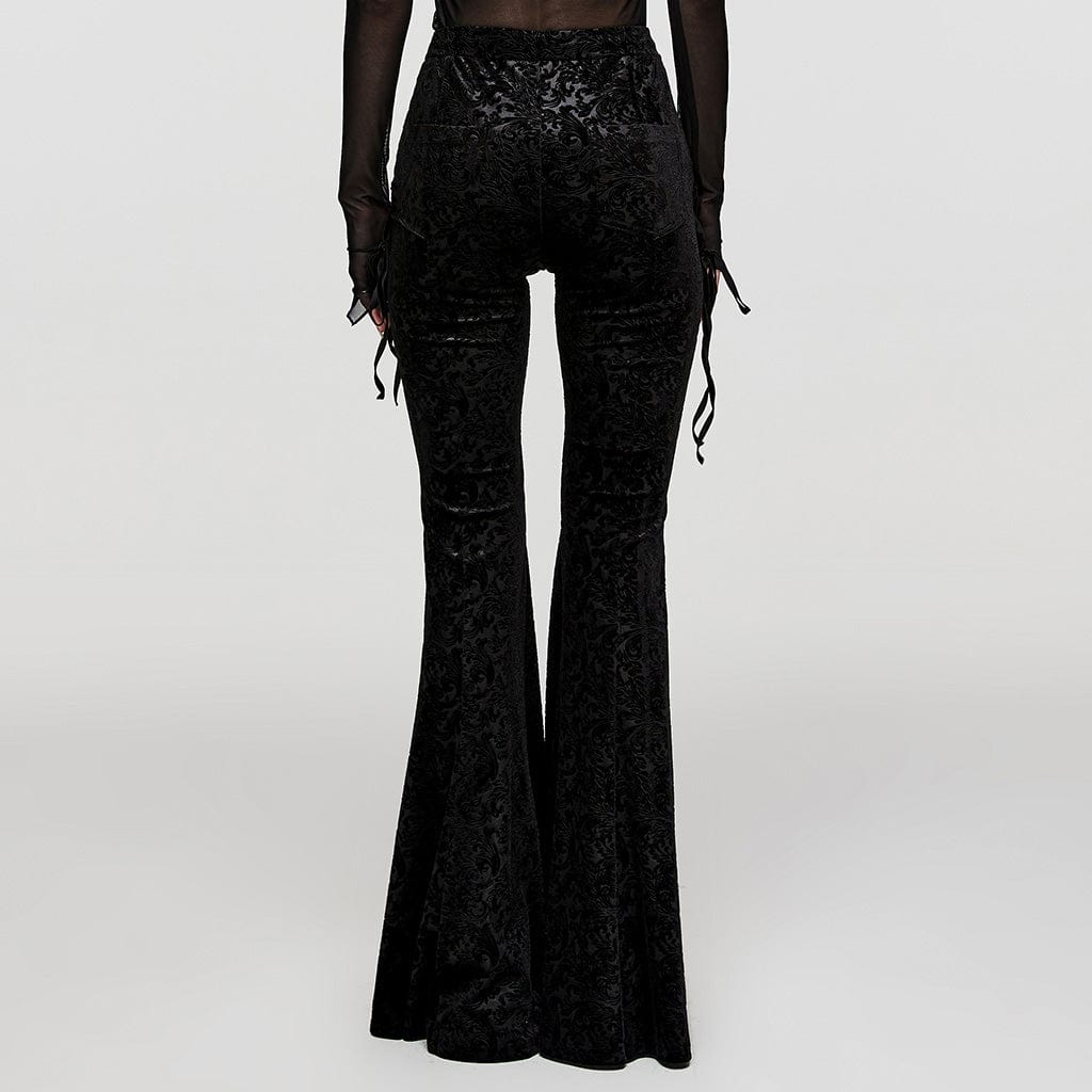 PUNK RAVE Women's Gothic Lace-up Velvet Flared Pants Black