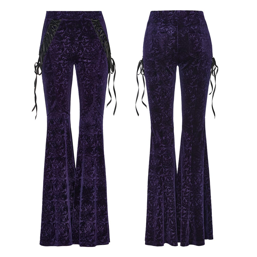 PUNK RAVE Women's Gothic Lace-up Velvet Flared Pants Violet