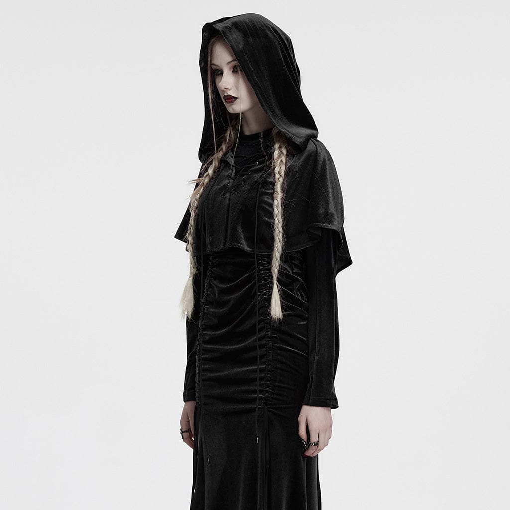 PUNK RAVE Women's Gothic Lace-up Velvet Hooded Cape Black