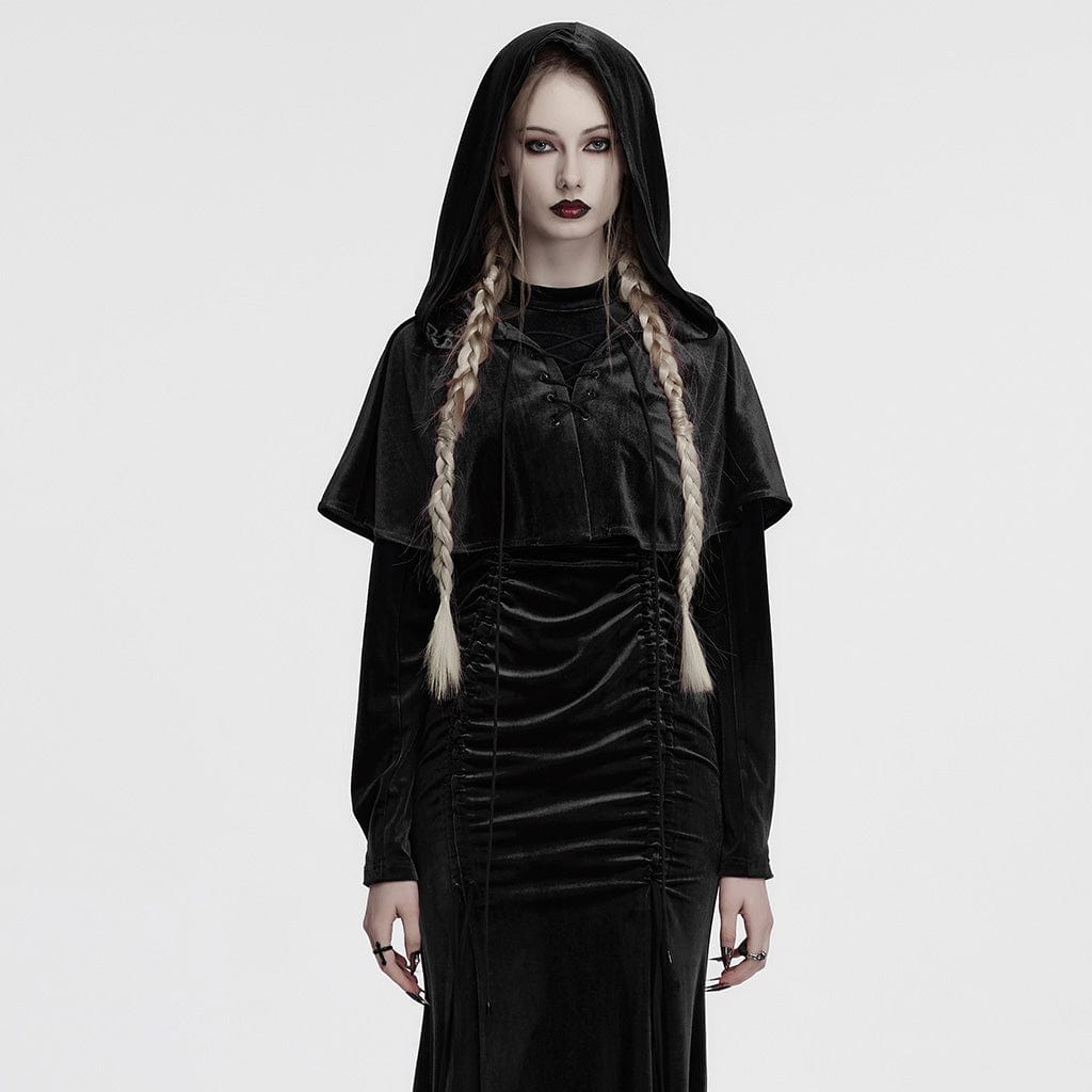 PUNK RAVE Women's Gothic Lace-up Velvet Hooded Cape Black