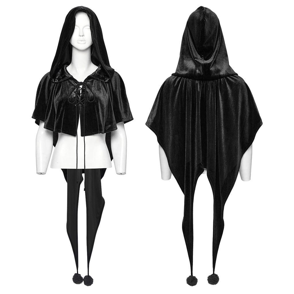 PUNK RAVE Women's Gothic Lace-up Velvet Hooded Cape Black