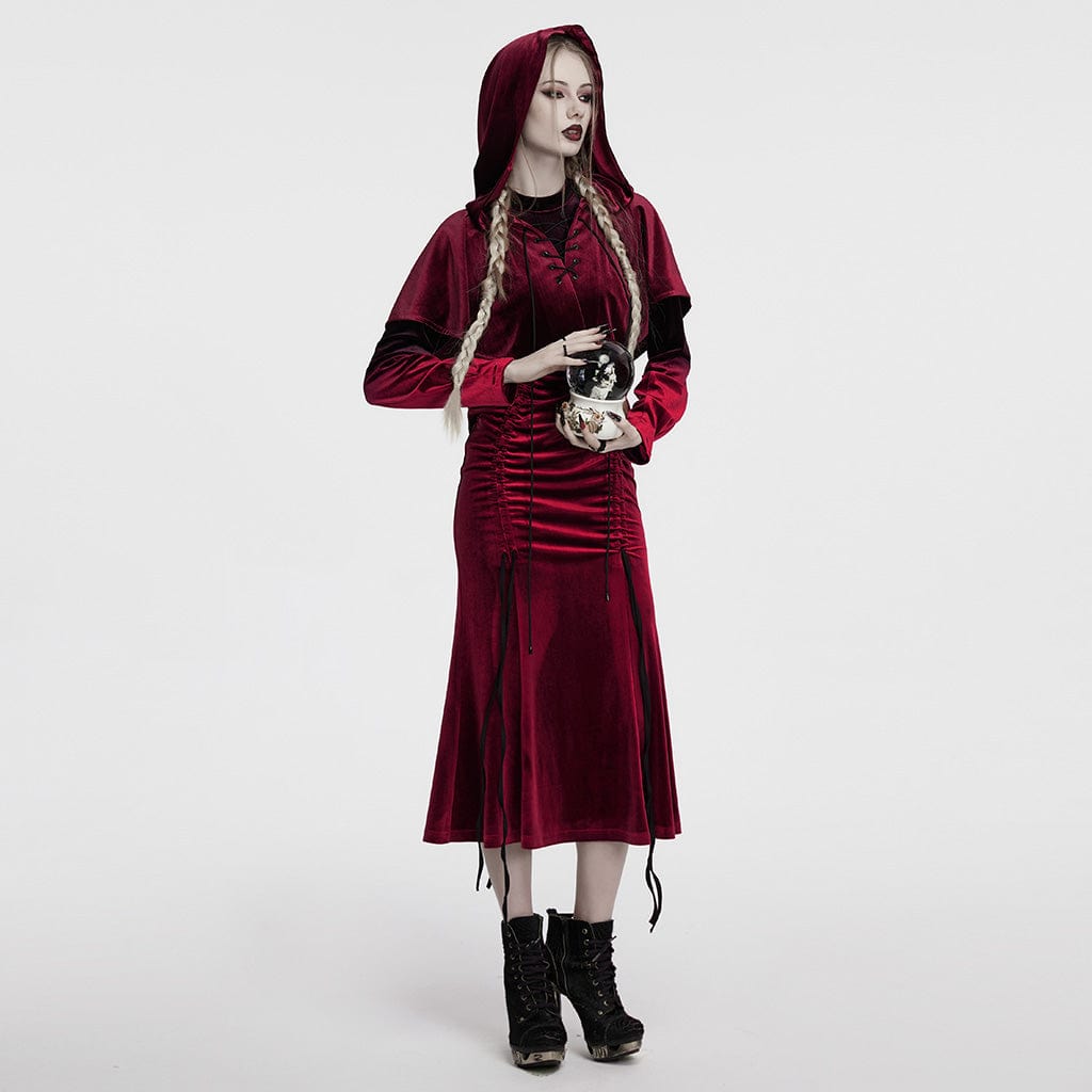 PUNK RAVE Women's Gothic Lace-up Velvet Hooded Cape Red