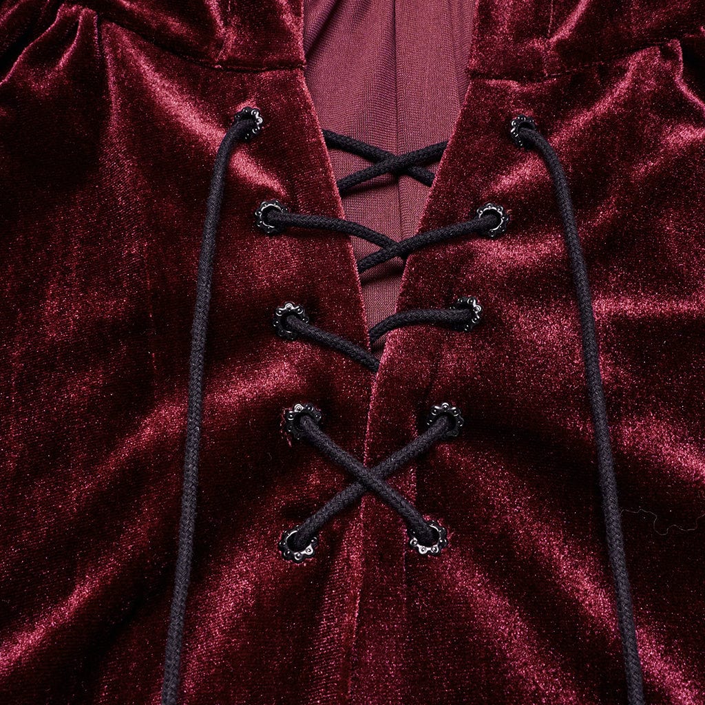 PUNK RAVE Women's Gothic Lace-up Velvet Hooded Cape Red