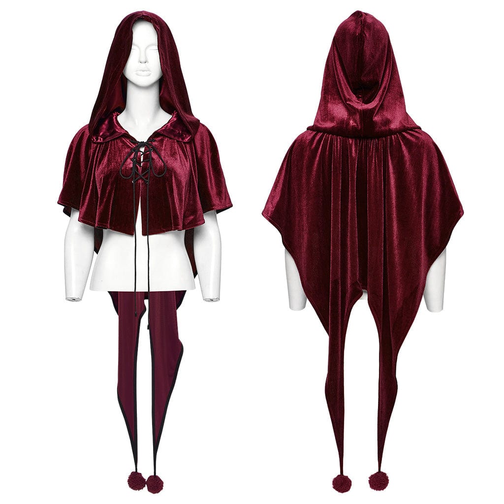 PUNK RAVE Women's Gothic Lace-up Velvet Hooded Cape Red