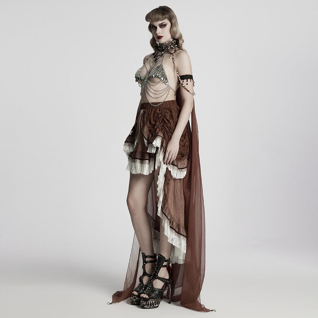 PUNK RAVE Women's Gothic Layered Beaded Detachable Cloak Coffee