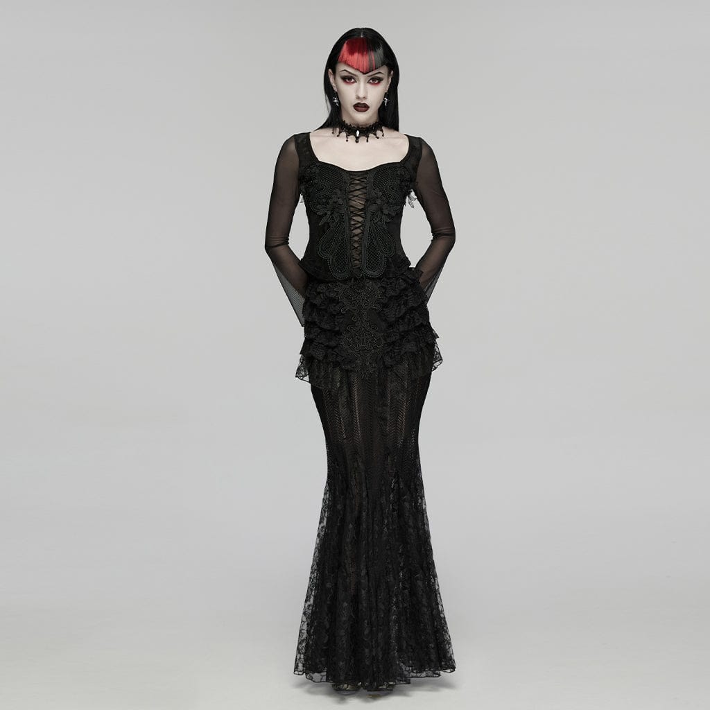PUNK RAVE Women's Gothic Layered Ruffled Lace Mermaid Skirt