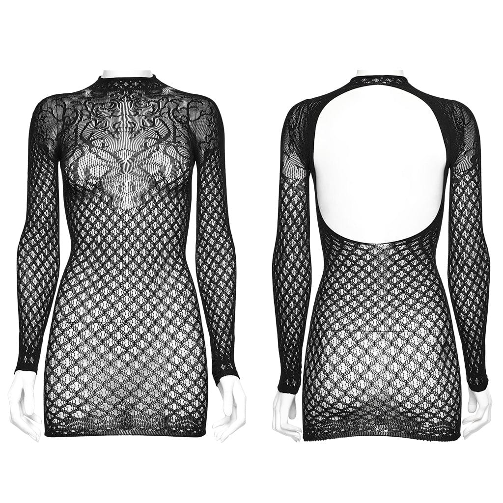PUNK RAVE Women's Gothic Mesh Cutout Sheer Long Sleeved Dress