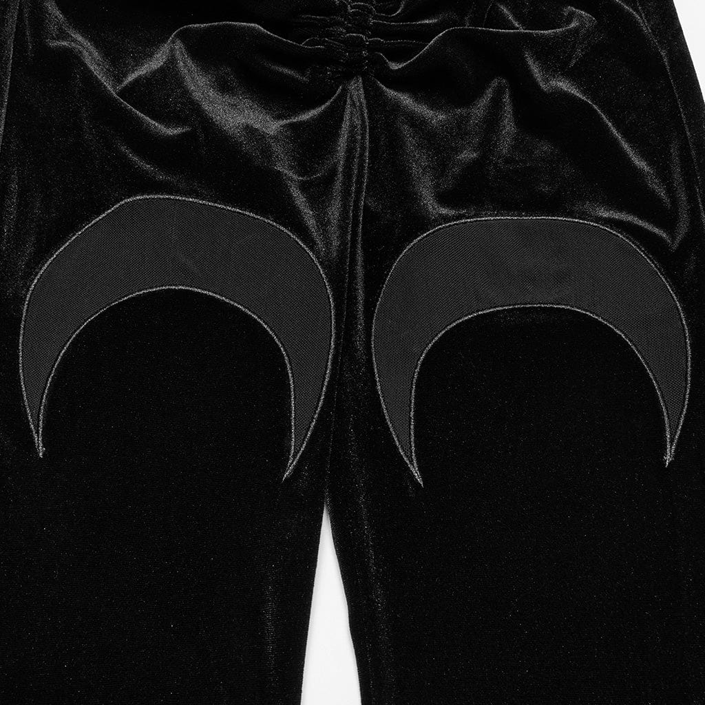 PUNK RAVE Women's Gothic Mesh Moon Drawstring Velvet Flared Pants