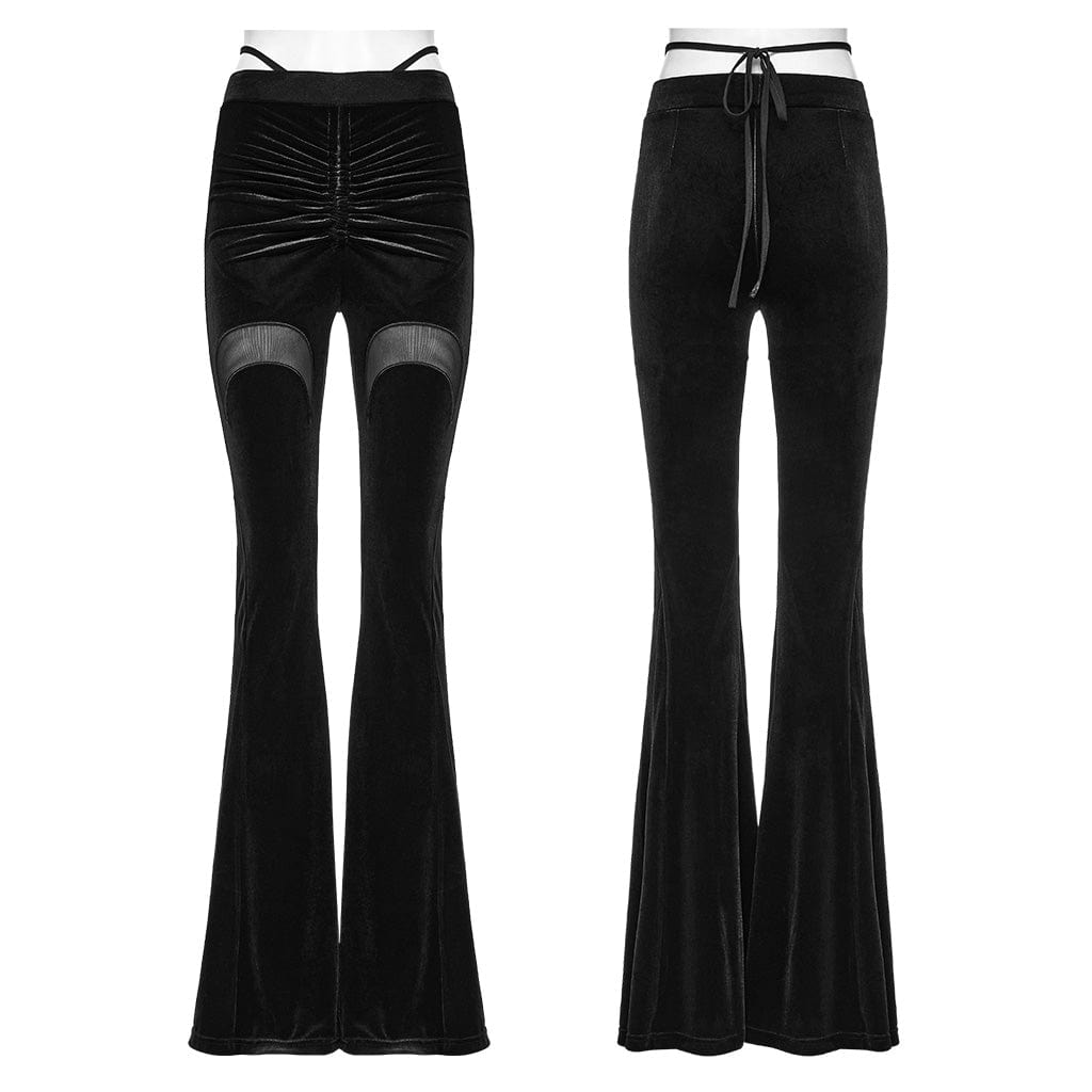 PUNK RAVE Women's Gothic Mesh Moon Drawstring Velvet Flared Pants
