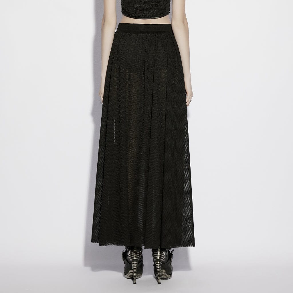 PUNK RAVE Women's Gothic Mesh Sheer Side Slit Long Skirt