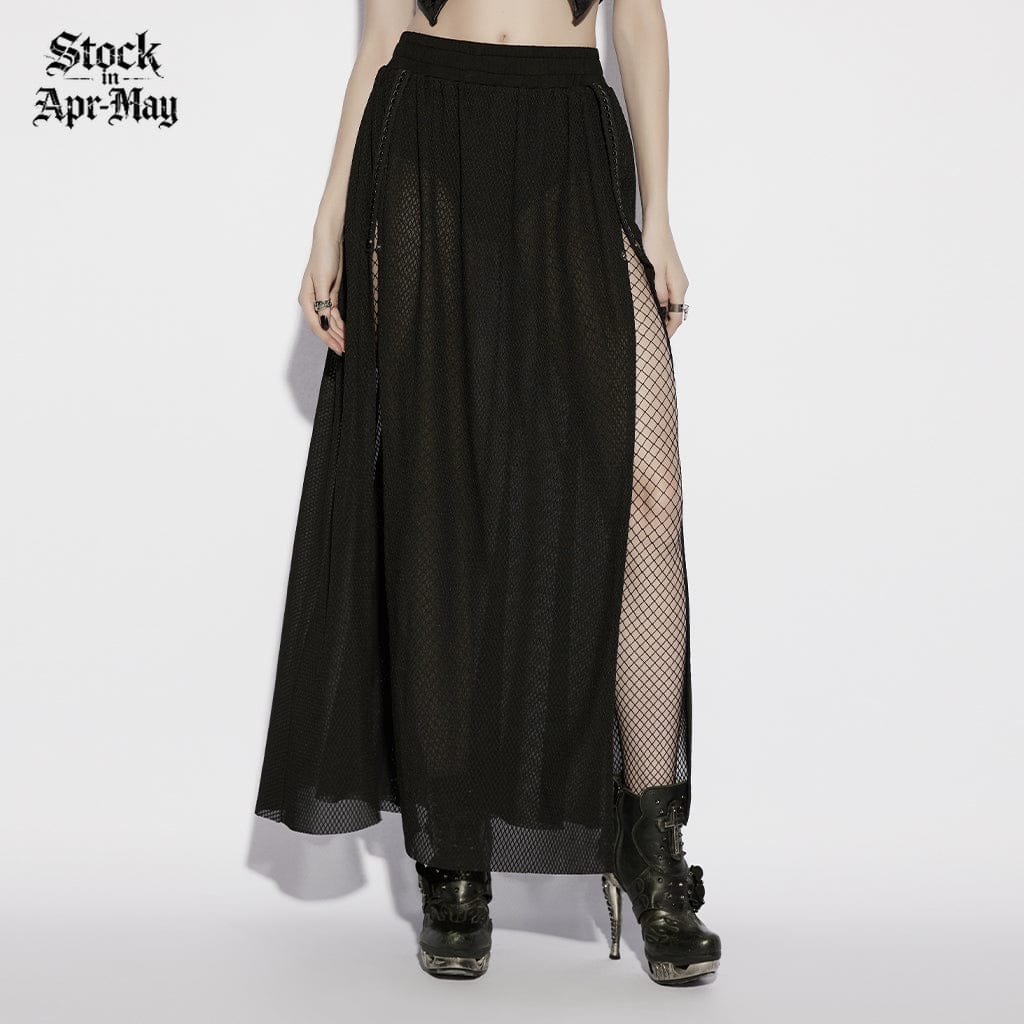 PUNK RAVE Women's Gothic Mesh Sheer Side Slit Long Skirt