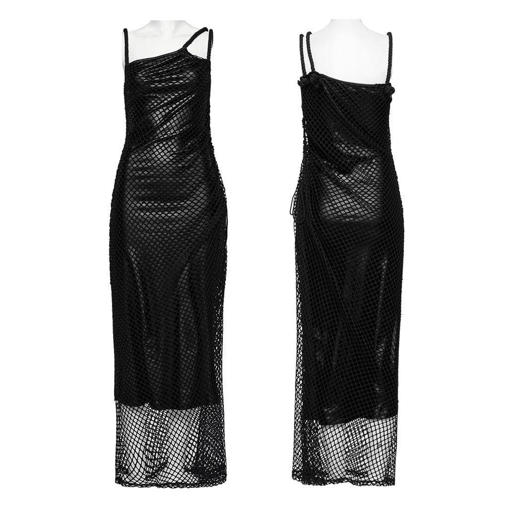 PUNK RAVE Women's Gothic Mesh Splice Drawstring Slip Dress Black