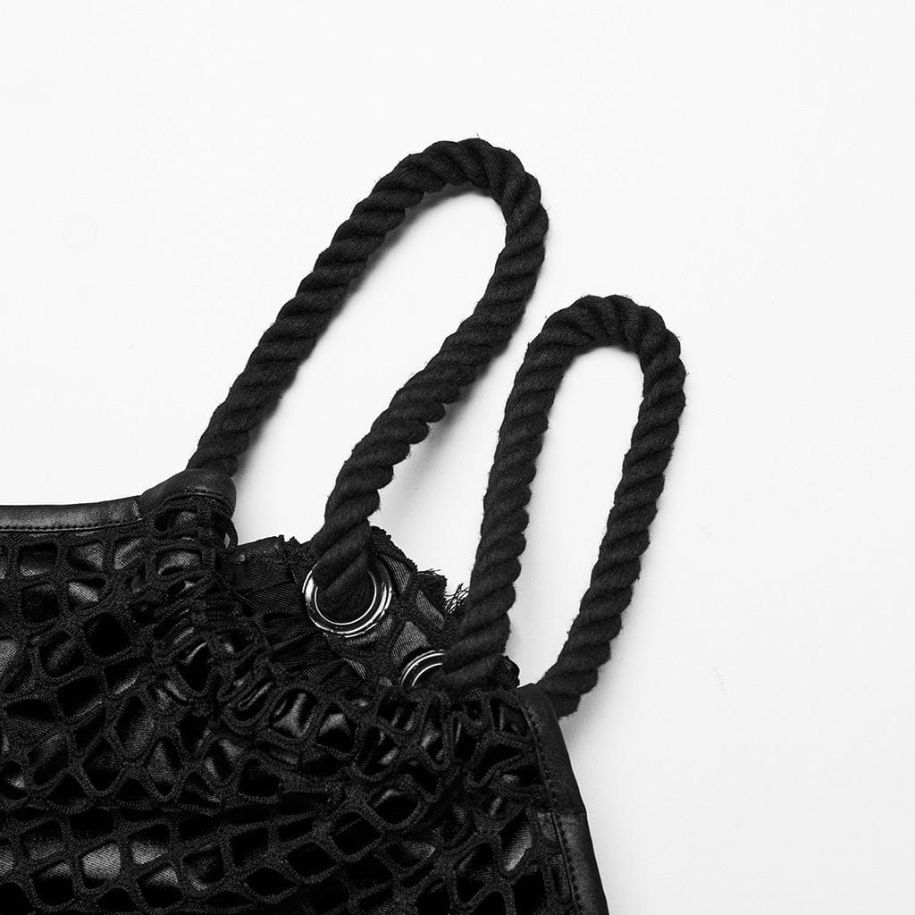 PUNK RAVE Women's Gothic Mesh Splice Drawstring Slip Dress Black