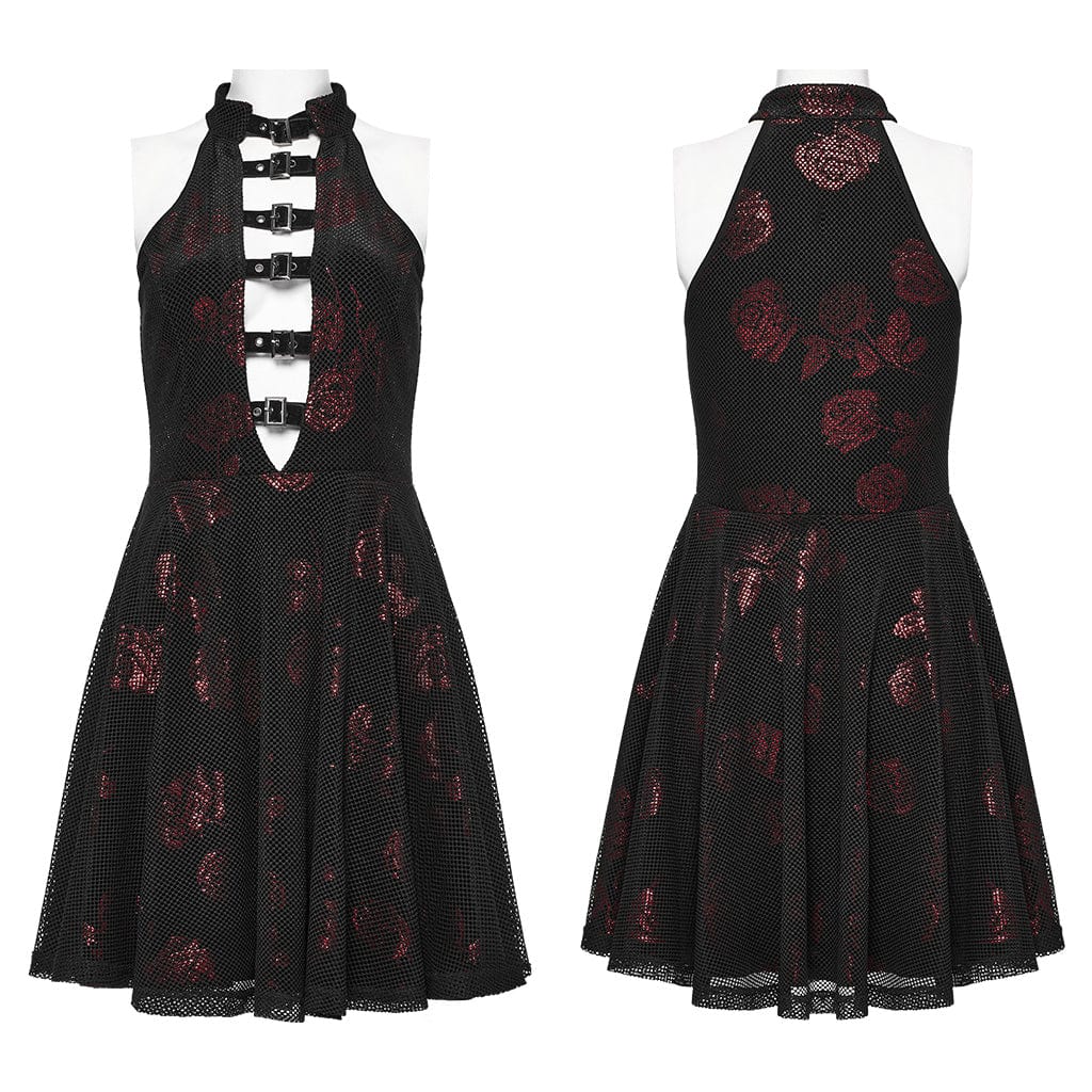 PUNK RAVE Women's Gothic Mesh Splice Red Rose Velvet Halterneck Dress