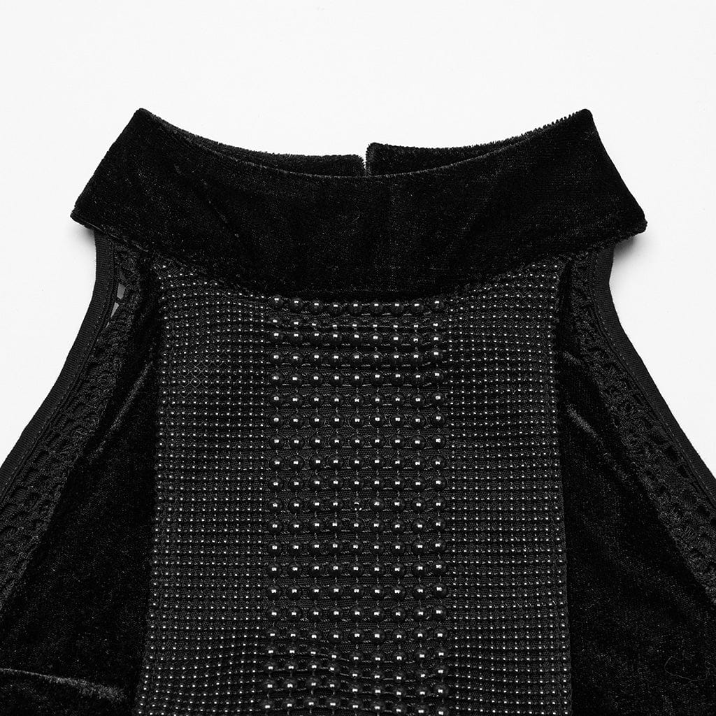 PUNK RAVE Women's Gothic Mesh Splice Velvet Halterneck Dress