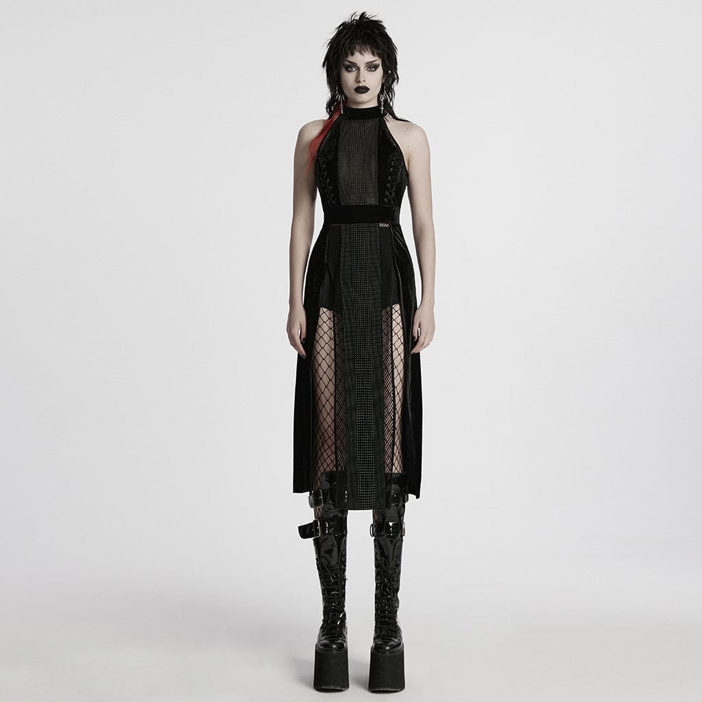 PUNK RAVE Women's Gothic Mesh Splice Velvet Halterneck Dress