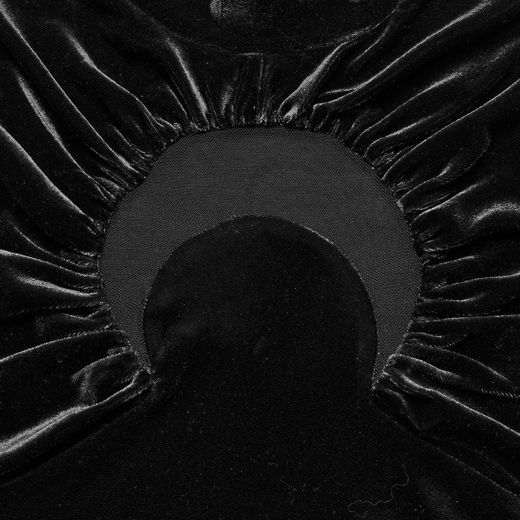 PUNK RAVE Women's Gothic Moon Cutout Mesh Splice Velvet Shirt