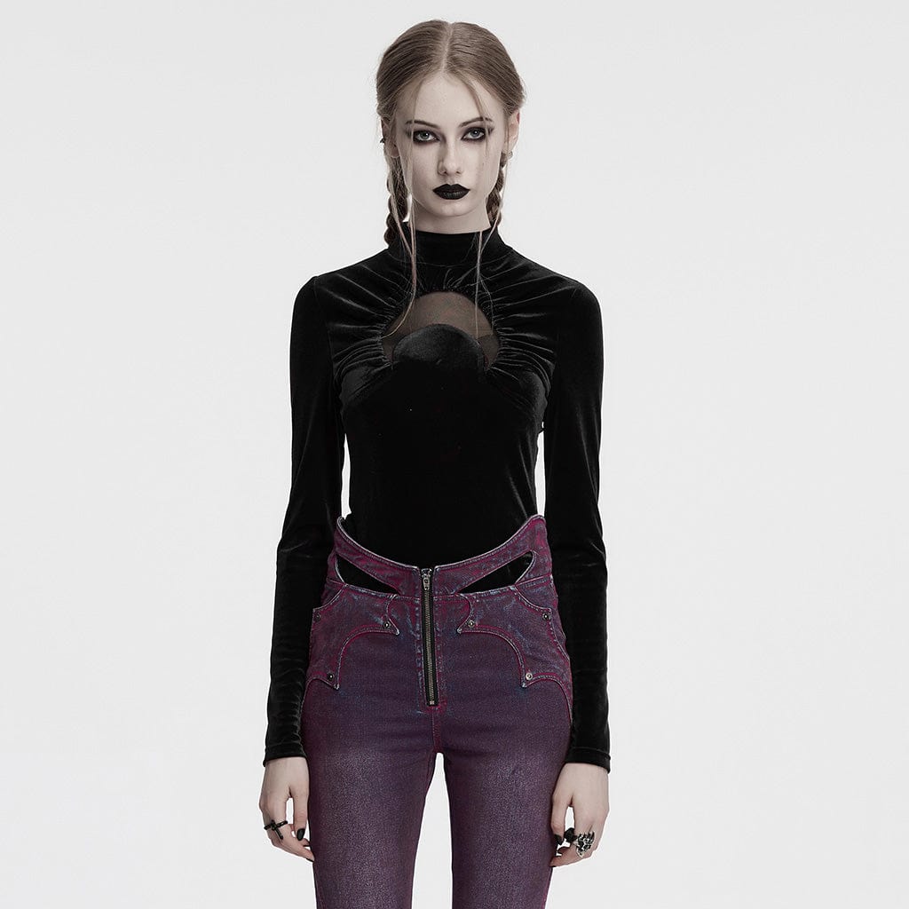 PUNK RAVE Women's Gothic Moon Cutout Mesh Splice Velvet Shirt