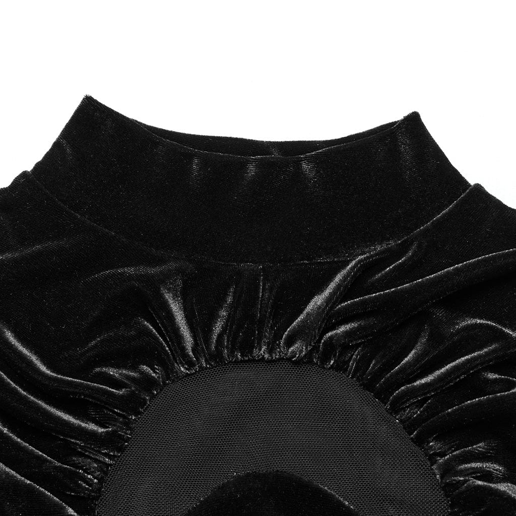 PUNK RAVE Women's Gothic Moon Cutout Mesh Splice Velvet Shirt