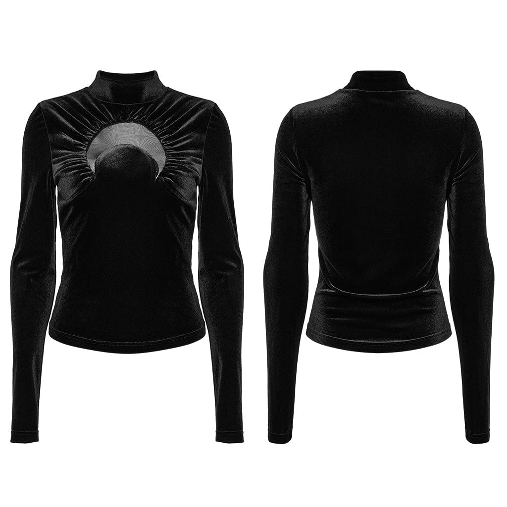 PUNK RAVE Women's Gothic Moon Cutout Mesh Splice Velvet Shirt